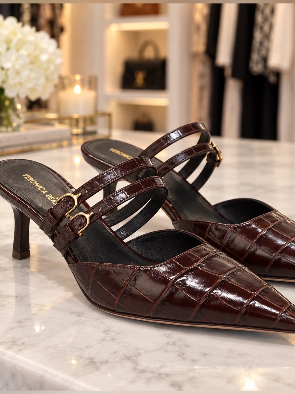 Veronica Beard Brown Croc Embossed Buckle Kitten Heel Mules Size 8